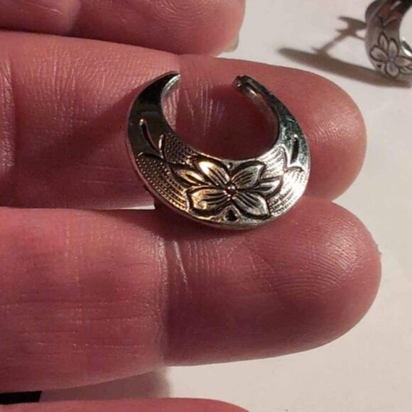 Silver Toned Crescent Clip on Earrings with Engraved Flower Outlined in Black - Picture 2 of 7